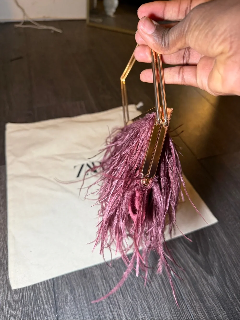 Zara Feather Fringe Evening Clutch in Plum with Gold Frame